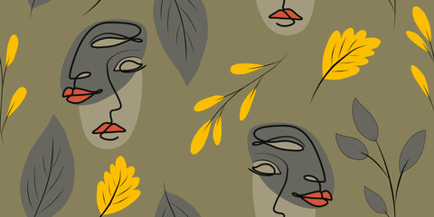 Abstract Faces and Autumn Leaves Pattern