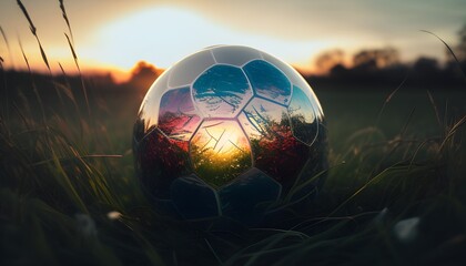 Soccer ball in the grass at sunset