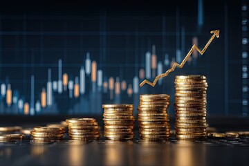 Golden coins stacked high with upward trending stock market graph symbolizing financial growth.