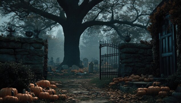 Eerie graveyard entrance at dusk with ancient tree and pumpkins.