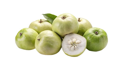 Pile of fresh light green guavas, including one cut in half to display seeds