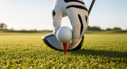 A golfer places a golf ball on a tee with a driver club poised for a powerful swing on a lush green fairway