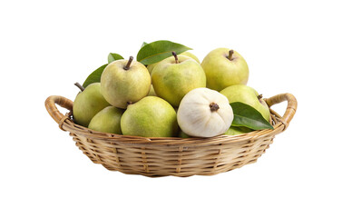 Fresh pears and one guava elegantly arranged in a woven basket