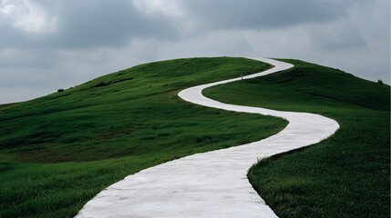 A winding white pathway curves up a lush green hillside under an overcast sky, creating a minimalist landscape composition that emphasizes contrast, texture, and leading lines.