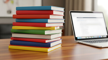 Stack of Colorful Books Beside Laptop on Wooden Desk, Blurred Background