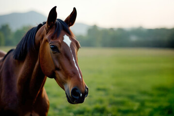 Obraz premium Majestic horse in meadow, detailed head and face portrait in natural environment. Great for animal stock, equestrian projects, and rural lifestyle.