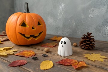 Photo-Realistic Halloween Ghost and Jack-O’-Lantern with Autumn Leaves on Rustic Wooden Surface