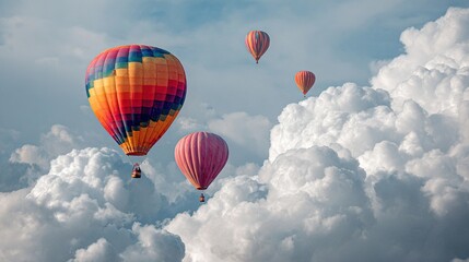 Naklejka premium Colorful hot air balloons floating among fluffy clouds