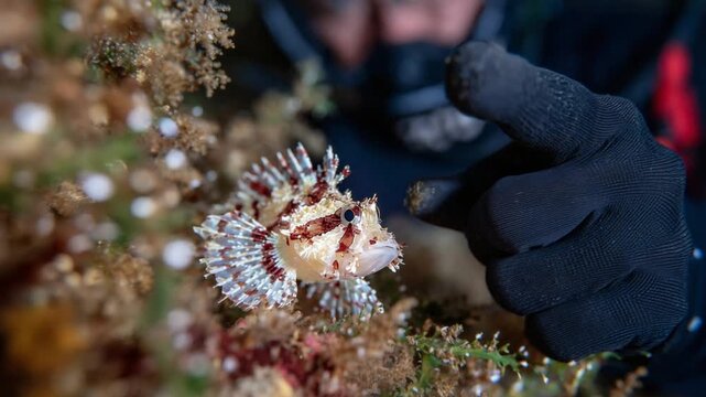 Discover the mesmerizing camouflage of a scorpionfish as a diver's gloved finger points it out amidst the vibrant coral reef.