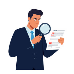 Man examining document with magnifying glass for fraud detection  