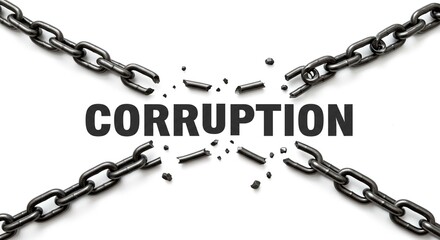 Broken chains with the word corruption in the center on a white background symbolizing freedom