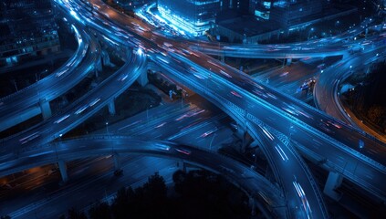 Aerial view of a complex highway interchange at night with glowing blue lights.
