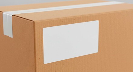 Close up of a sealed cardboard box with a blank white label ready for shipping and delivery details