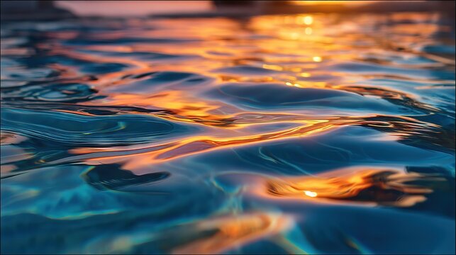 Golden hour reflections of orange and blue colors on water ripples. Perfect for summer campaigns, romantic ads, and lifestyle branding.