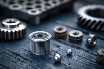 Close up of industrial mechanical components and gears on textured surface.