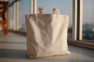 Blank Canvas Tote Bag Against White Wall with Sunlight Through Window