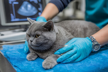 Veterinarian performing an ultrasound scan on a calm grey British Shorthair cat in a clinic.