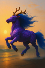 夕日に向かって走る麒麟