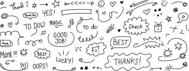 Hand drawn doodle text elements, arrows, stars, hearts, speech bubbles, motivational quotes, planner notes, decorative sketch symbols for design