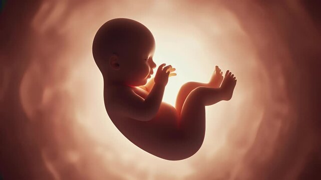 A human fetus, curled, in utero, bathed in warm light.