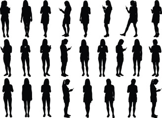 Woman using smartphone silhouette set, female texting icon collection, mobile phone user vector, standing girl figures, modern communication concept