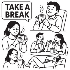 people enjoying free time, drinking coffee, daily routine, invitation to hang out, 
for social media stickers and posts, marketing, restaurants and coffee bars vector