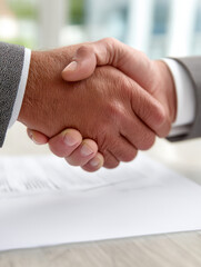 Close-up of a handshake over a contract document.