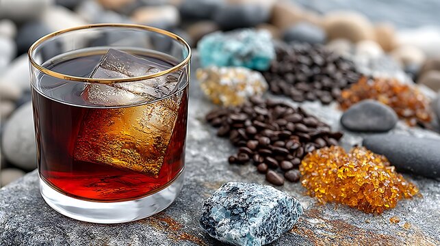 Stylish Dark Drink with Ice Surrounded by Rocks and Coffee Beans on Natural Surface