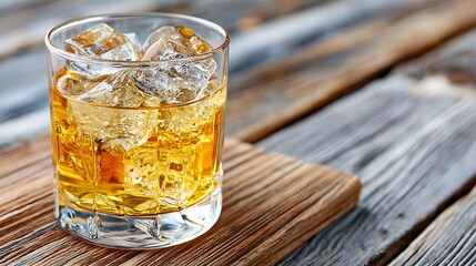 Elegant Glass of Dark Rum with Ice on a Rustic Wooden Desk Background