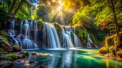 Wide cascading waterfall in a sunlit green forest cascade.