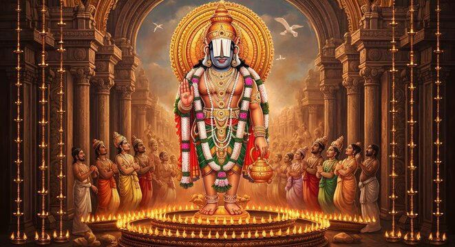 Majestic Depiction of Lord Ayyappan in a Divine Temple Setting