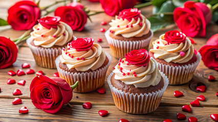 Valentines cupcakes with heart sprinkles and red frosting