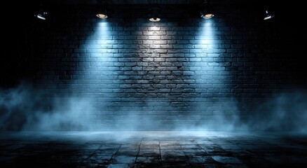 Dramatic blue spotlights illuminating a smoky brick wall stage background.