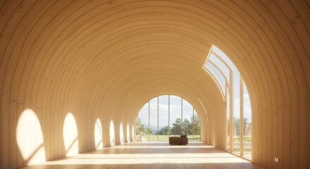 Serene Wooden Barrel Vault Interior with Arched Windows and Natural Light