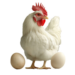 Laying hen standing next to two chicken eggs, isolate on transparent white background