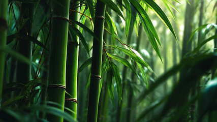 Close-up of vibrant green bamboo stalks and leaves in a serene, sunlit forest