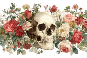 Human Skull Decorated with Red and White Roses