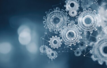 Abstract digital interconnected gears network technology background.