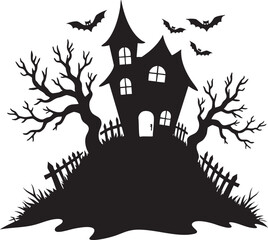 Spooky haunted house with bats gravestones and bare trees