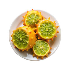 Halved Kiwano Melons on a White Plate, a Fresh and Exotic Fruit Display