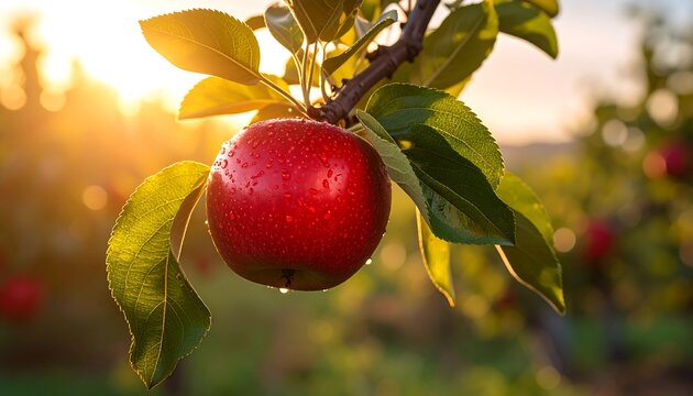 Ripe red apple on a branch at sunset - Powered by Adobe