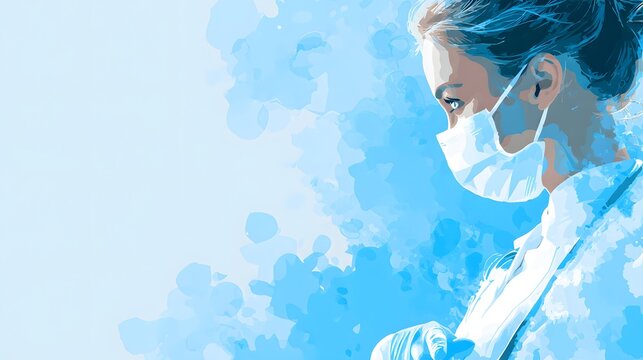 Vector-style illustration of a nurse wearing protective mask and gloves, side profile, medical art concept, soft blue abstract background - Powered by Adobe