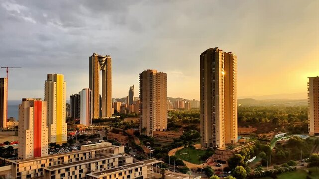 An absolutely breathtaking view showcasing a stunning city skyline at sunset embellished with dramatic lighting
