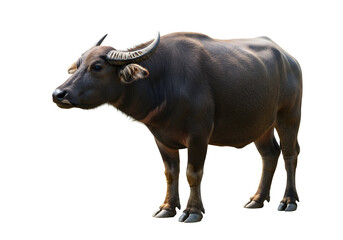 Majestic water buffalo stands proudly isolated against a clean white backdrop, showcasing its strong build and impressive horns in natural light. Rural wildlife photography.