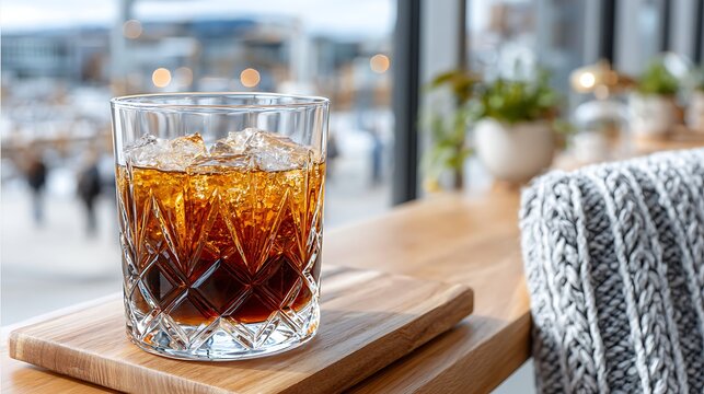 Cocktail with Dark Rum and Cynar Served on a Wooden Desk Next to Cozy Texture