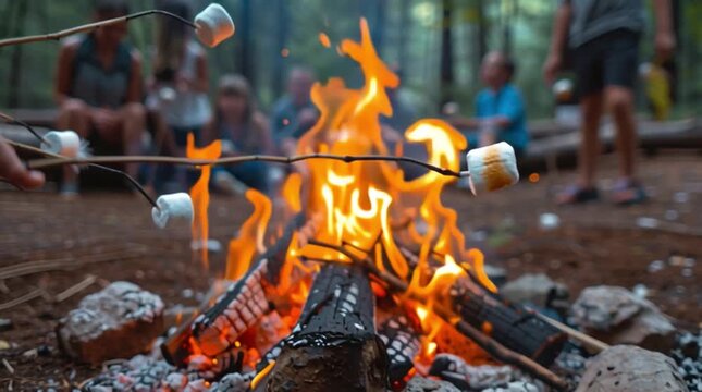 traveller cooking marshmallows in the bonfire in summer camp
