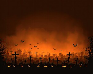 Spooky Halloween Cemetery Night Scene with Bats and Jack-o-lanterns.