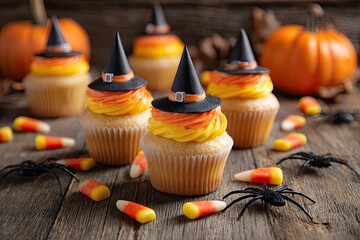 Festive Halloween Witch Hat Cupcakes with Candy Corn and Spiders.