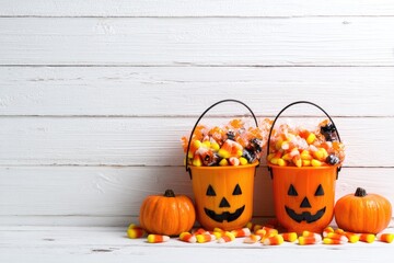 Two Halloween Jack O Lantern buckets overflowing with candy corn on a white wood background.