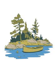 Calm Lake Scene with Wooden Boat and Lush Green Trees